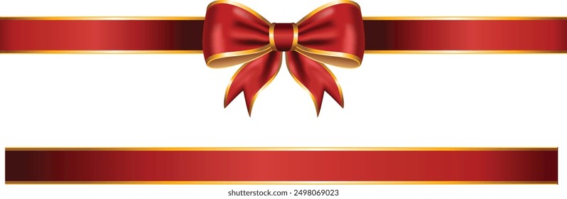 Red ribbon bow with gold trim and straight horizontal border