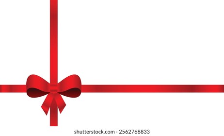 Red ribbon bow with gold trim and straight horizontal border. Shiny red satin ribbon on white background. Christmas gift, valentines day, birthday wrapping element.