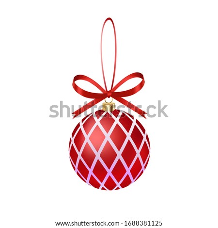 Red ribbon bow with red grid pattern Christmas decoration ball, holiday pendant, hand drawn 3D vector illustration, birthday decorations.