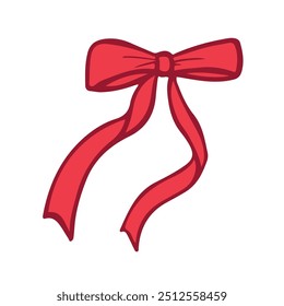 Red ribbon bow. Hand drawn bow illustration. Birthday, Christmas, and Valentine's Day decoration. Gift wrapping. Vector illustration. 