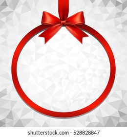 Red ribbon bow and hanged circle frame vector with abstract polygonal background