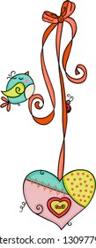 Red ribbon bow with heart and bird
