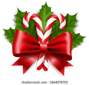 Red Ribbon Bow With Holly Berry Leaf with white Background With Gradient Mesh, Vector Illustration