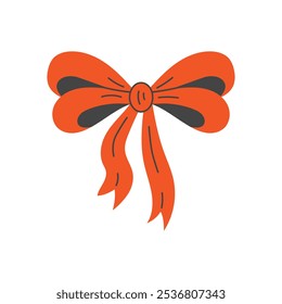 Red Ribbon Bow Icon. Hand drawn festive decorative tied knot in flat style. Gift and Present arrangement. Vector illustration