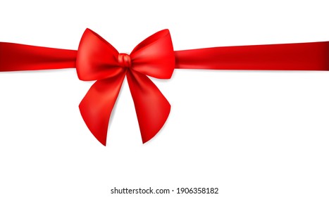 Red Ribbon With Bow Isolated On White Background. Holiday Decoration. Realistic 3d Vector Illustration.