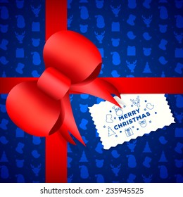 Red ribbon with bow, Isolated on blue pattern background, Vector Illustration