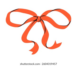 Red ribbon bow isolated on transparent background. Trendy hair braiding accessory. Hand drawn vector illustration.