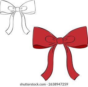 Red ribbon bow isolated on transparent background. Vector graphic line ink illustration. knot as design element for holidays design, gift boxes, satin warping decor
