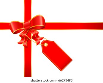 red ribbon with bow and red label on white background - vector illustration