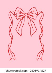 Red ribbon bow with long flowing tails in a hand-drawn graphic style on a soft pink background. Concept of decoration, celebration, and femininity. Vector illustration