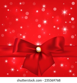 Red ribbon with bow on a red background. Vector illustration. 