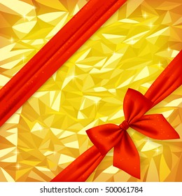 Red ribbon and bow on bright gold foil texture background. Gift package and greeting card. Vector illustration