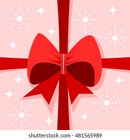 Red ribbon with bow on decorative background with white stars or sparks- simple design element for gifts or decorative boxes.