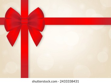 Red Ribbon Bow on Golden Background for Christmas and New Year Event. Vector Illustration.