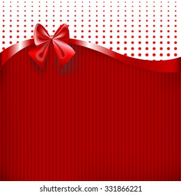 Red Ribbon and Bow on red paper texture background. Vector illustration for design Invitation card, Christmas, New year, Birthday, Valentine.
 