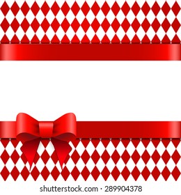 Red ribbon with bow on a rhombus background. Space for text.