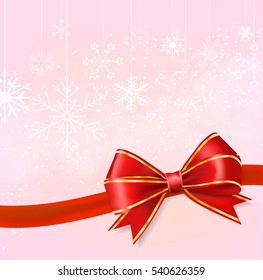 red ribbon bow on snowflakes on pink background. holiday template vector illustration