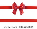 Red ribbon with a bow on the top of gift box. Design template. 3d vector illustration