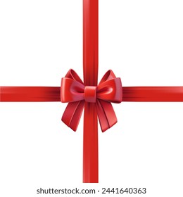 Red ribbon with a bow on the top of square gift box. Design template. 3d vector illustration