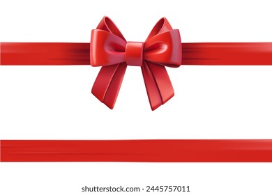 Red ribbon with a bow on the top of gift box. Design template. 3d vector illustration