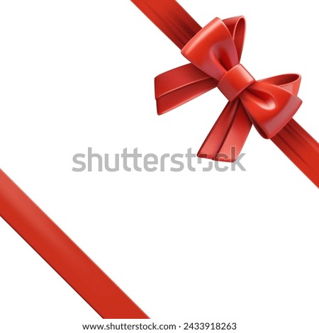 Red ribbon with bow on the top of gift box. Design trmplate. 3d vector illustration
