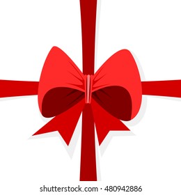 Red ribbon with bow on white background - simple design element for gifts or decorative boxes.