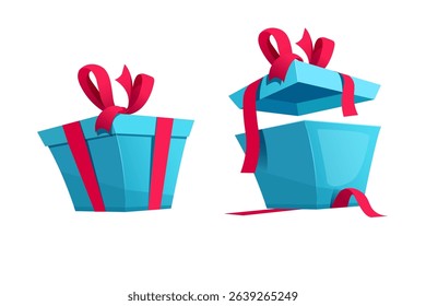 red ribbon bow open and closed gift box design on the white background.