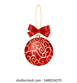 
Red ribbon bow with red pattern Christmas decoration ball, holiday pendant, hand drawn 3D vector illustration, birthday decorations.