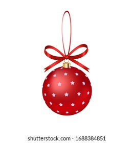 Red ribbon bow red pattern Christmas decoration ball, holiday pendant, hand drawn 3D vector illustration, birthday decorations.