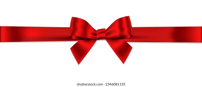 Red Ribbon Bow Realistic shiny satin with shadow horizontal ribbon for decorate your wedding invitation card ,greeting card or gift boxes vector EPS10 isolated on white background.