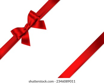 Red Ribbon Bow Realistic shiny satin with shadow ribbon place on corner of paper for decorate your wedding invitation card ,greeting card or gift boxes vector EPS10 isolated on white background.