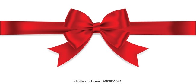 Red Ribbon Bow Realistic shiny satin with shadow horizontal ribbon for decorate your wedding invitation card ,greeting card or gift boxes vector EPS10 isolated on white background.