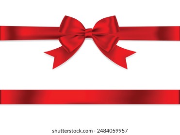 Red Ribbon Bow Realistic shiny satin with shadow horizontal ribbon for decorate your wedding invitation card ,greeting card or gift boxes vector EPS10 isolated on white background.