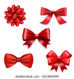 Set of satin decorative red bows with horizontal yellow ribbon isolated on  white background. Vector red bow and red ribbon Stock Vector