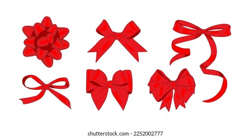 Red ribbon bow set. Red silk ribbons with bows festive decoration satin rose, luxury elements for holiday packaging and design, elegant gift tape vector decoration set on white background isolated.