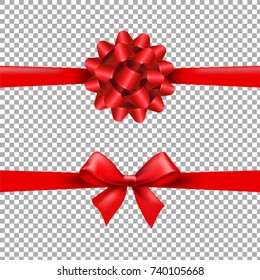 Red Ribbon Bow Set In Transparent Background With Gradient Mesh, Vector Illustration