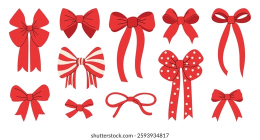 Red ribbon bow set in various styles. Decorative gift bows, festive holiday elements. Perfect for greeting cards, packaging, and Christmas or birthday designs. Flat vector isolated illustration.