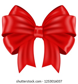 Red ribbon bow. Shiny 3d symbol. Vector illustration isolated on white background