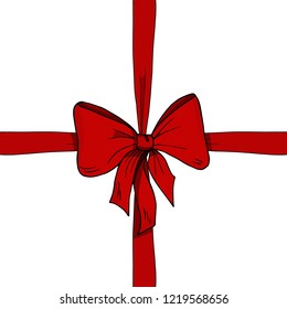 Red ribbon and bow sketch, hand drawn vector illustration. Package, present, gift, box, sale, surprise, love. Valentine's day, new year, Christmas, birthday, anniversary. Banner, template.