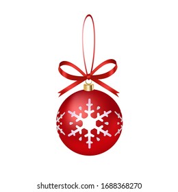 Red ribbon bow with red snowflake pattern Christmas decoration ball, holiday pendant, hand drawn 3D vector illustration, birthday decorations.