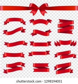 Red Ribbon And Bow Transparent Background With Gradient Mesh, Vector Illustration