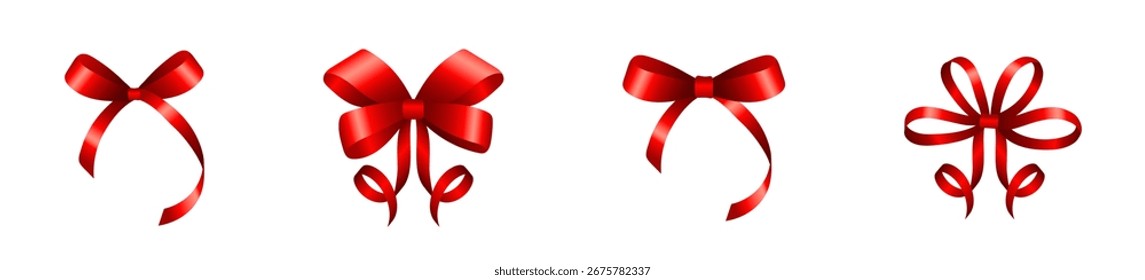 Red ribbon bow vector collection. Decorative gift wrap set.