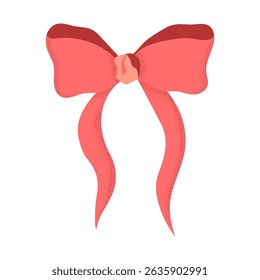 Red ribbon bow vector illustration. Coquette lush bowknot isolated on white background. Cute elegant trendy hair accessory, y2k party design, girly birthday decor in modern flat style with texture