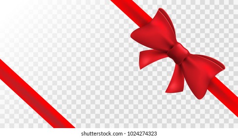 Red ribbon with red bow. Vector isolated bow decoration for holiday present. Gift element for card design.