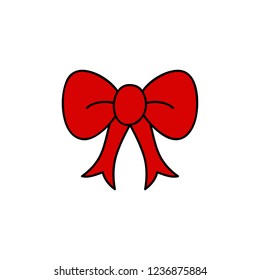 Red ribbon bow vector outlined illustration icon. Christmas, holiday or birthday red ribbon, bow for gift, present or decoration, like xmas tree ornament.