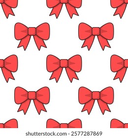 Red ribbon bows with black outline on white background. Vector seamless pattern.