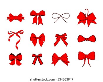 Red ribbon bows set. Design Elements Collection. Vector Illustration Isolated On White Background