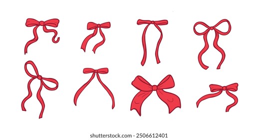 Red ribbon bows. Set of hand drawn bows for gifts. Birthday, Christmas, and Valentine's Day decoration. Gift wrapping. Vector illustration. 