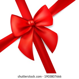 Red Ribbon For Card On White Background. Xmas Present. Holiday Decoration. Realistic 3d Vector Illustration.