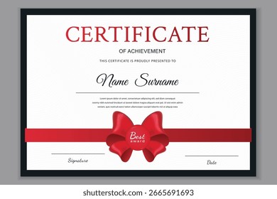 Red ribbon certificate template. Vector design for "Best Award" recognition. Editable and printable.